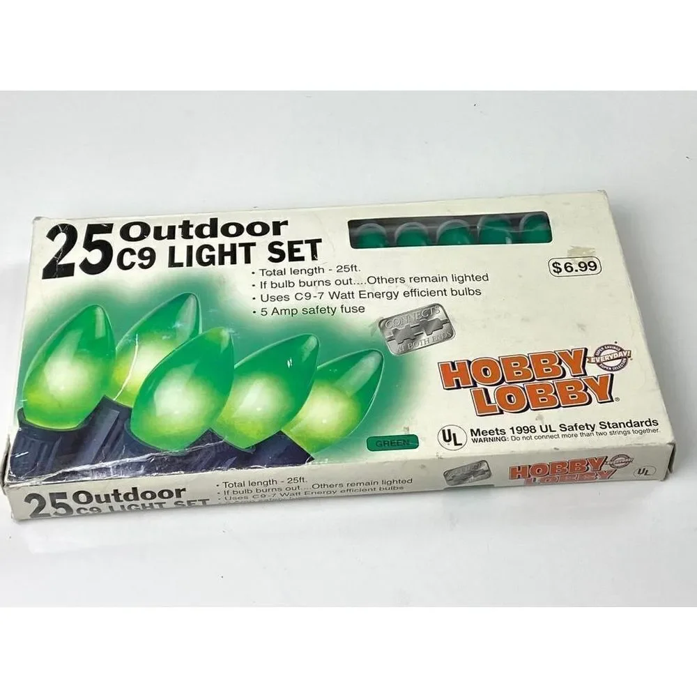 Vtg Hobby Lobby 1998 Outdoor Christmas Light Set NOS Green Transparent 25ft CQ10